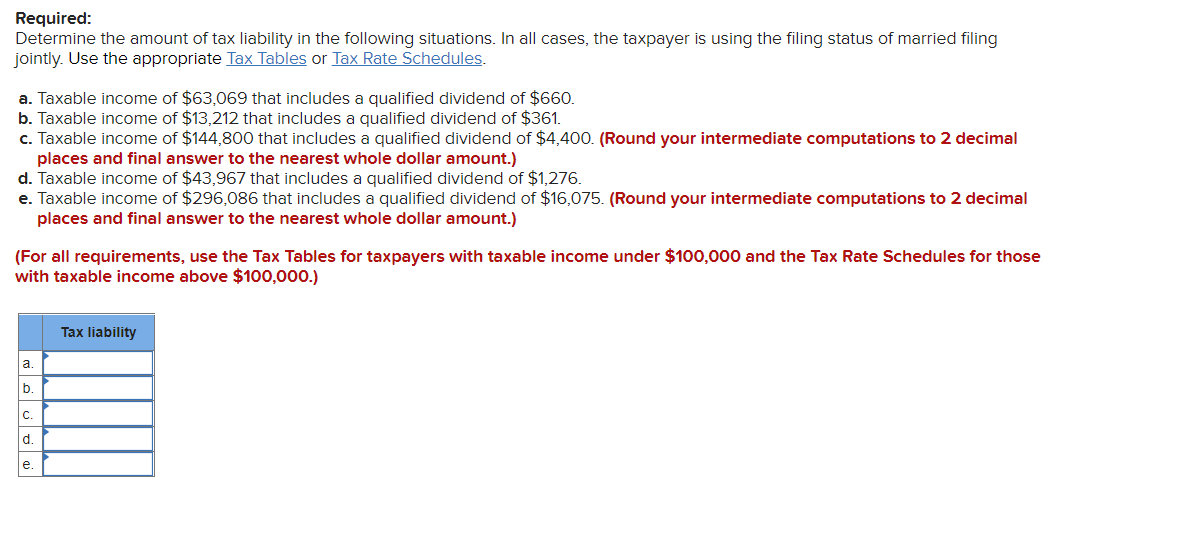 Determine the amount of tax liability in the chegg