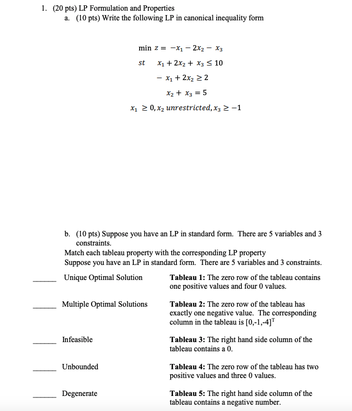 Solved 1 20 Pts Lp Formulation And Properties A 10 Pts