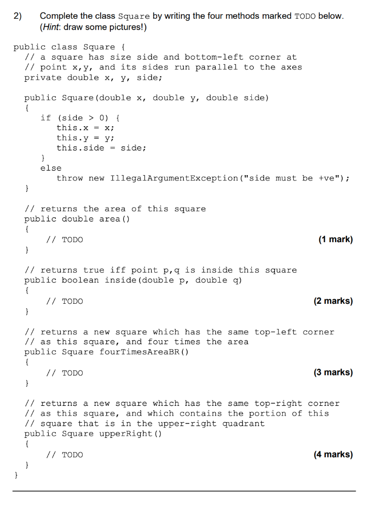 Solved 2) Complete the class Square by writing the four | Chegg.com