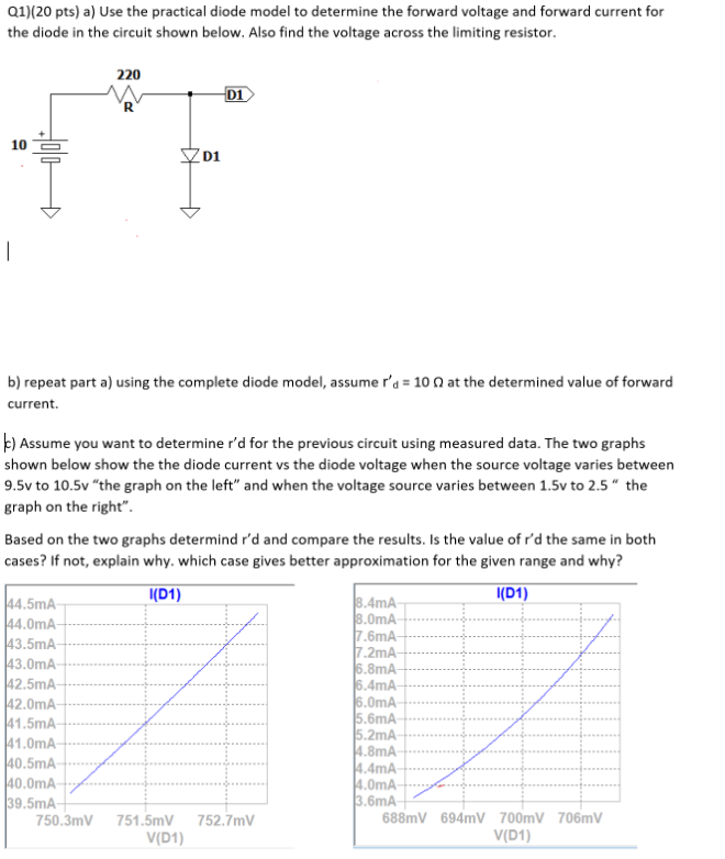 Solved Q1)(20 pts) a) Use the practical diode model to | Chegg.com