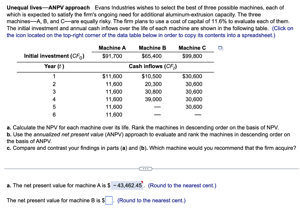 Solved Unequal Lives—ANPV Approach Evans Industries Wishes | Chegg.com