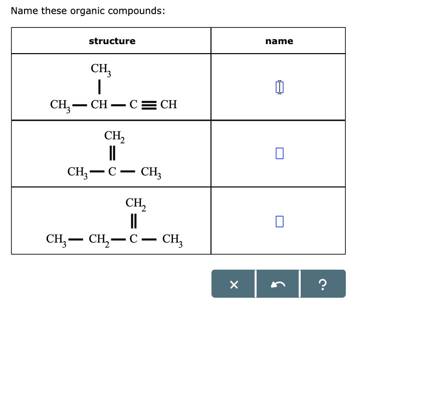 Solved Name these organic compounds: structure name CH | Chegg.com