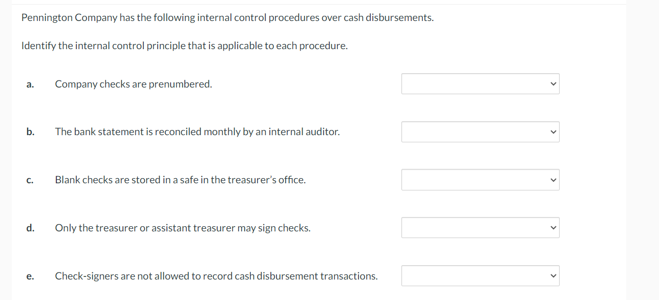 Solved Pennington Company has the following internal control 