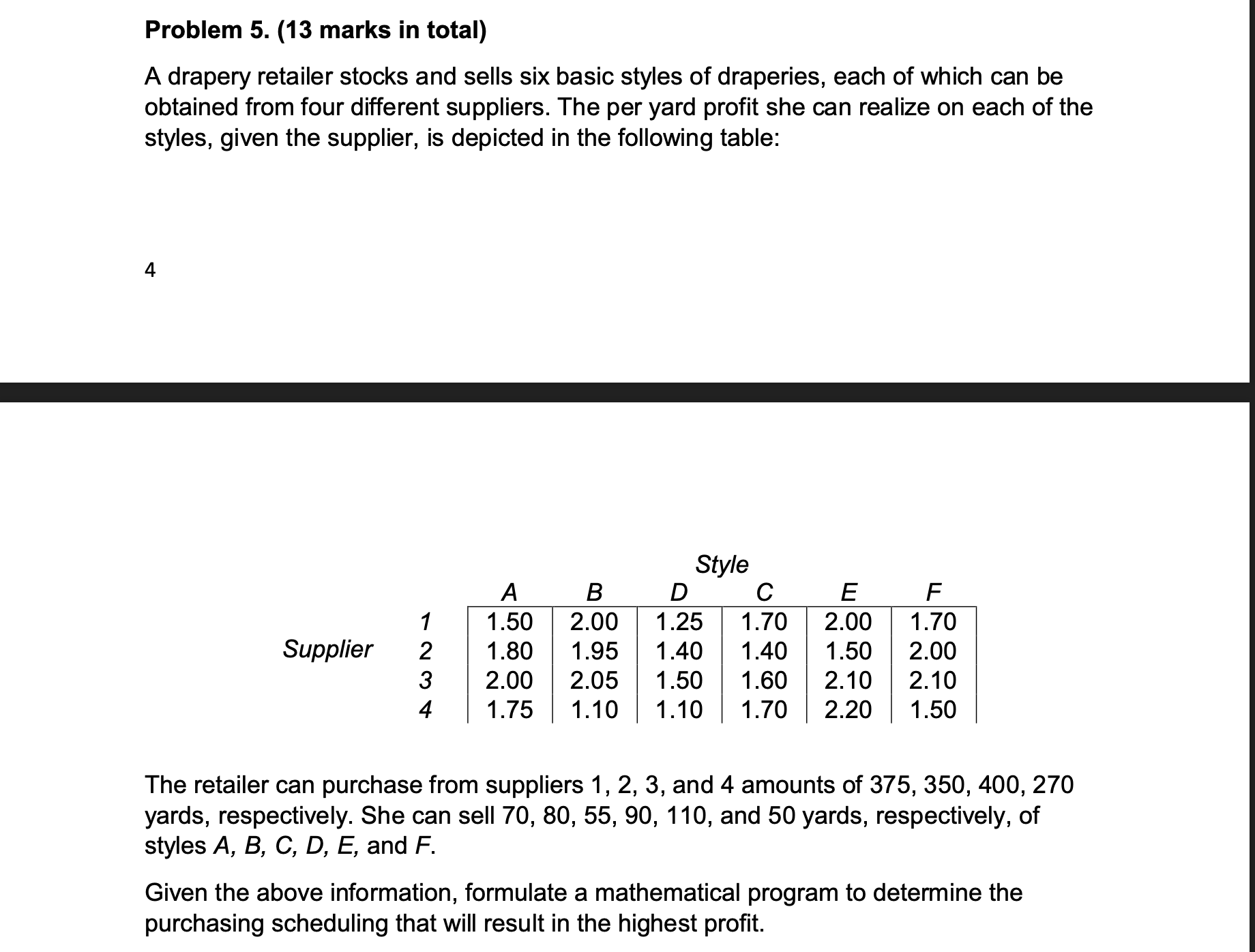 Solved Problem 5. (13 marks in total) A drapery retailer | Chegg.com