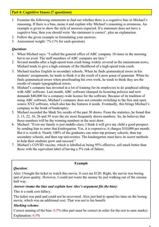 Part 4: Cognitive biases (7 questions) 1. Examine the | Chegg.com