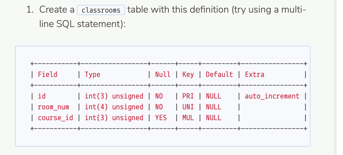 1. Create a classrooms table with this definition (try using a multi- line SQL statement): +----------- -----------------+---