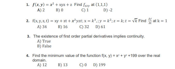 Solved 1 F X Y X2 Xyz Z Find Fxzy At 1 1 1 A 2 Chegg Com