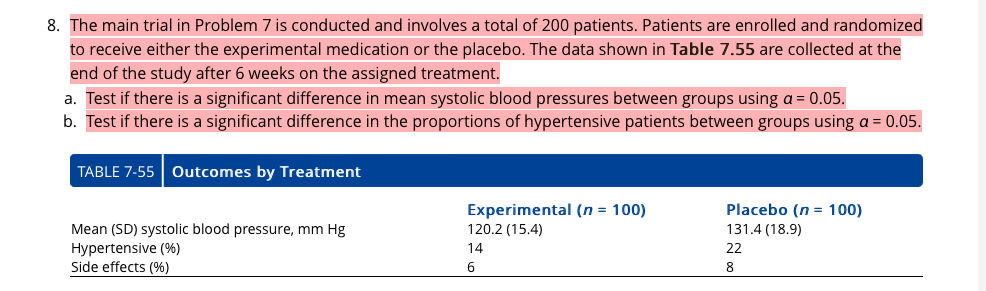 Table 7.55 using placebo data to test a hypothesis | Chegg.com