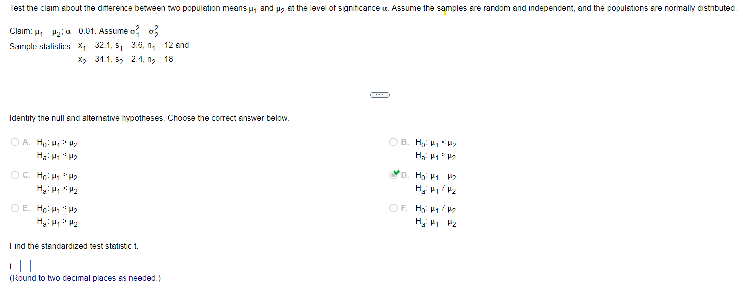 Solved Claim: μ1=μ2;α=0.01. Assume σ12=σ22 Sample | Chegg.com