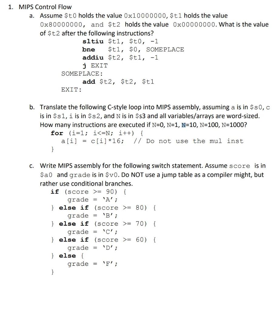 Solved 1. MIPS Control Flow a. Assume $to holds the value | Chegg.com