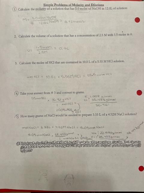 Solved Simple Problems of Molarity and Dilutions (1. | Chegg.com