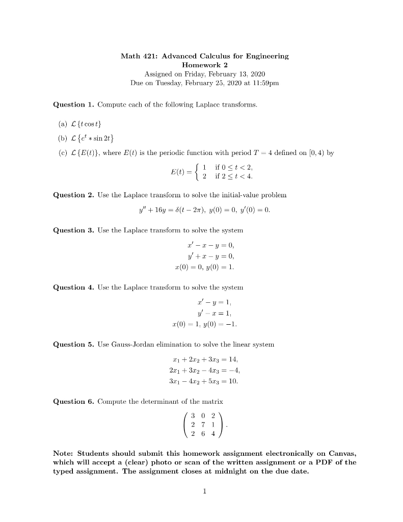 Solved Math 421: Advanced Calculus For Engineering Homework | Chegg.com