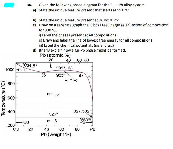 B4. Given the following phase diagram for the Cu - Pb | Chegg.com