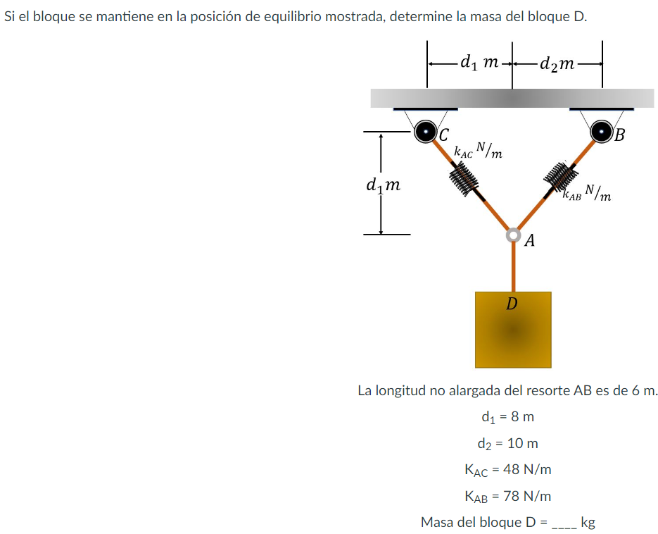 Si el bloque se mantiene en la posición de equilibrio mostrada, determine la masa del bloque D. La longitud no alargada del r