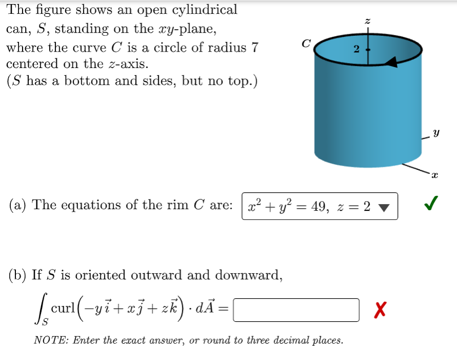 The figure shows an open cylindrical can, \( S \), standing on the \( x y \)-plane, where the curve \( C \) is a circle of ra