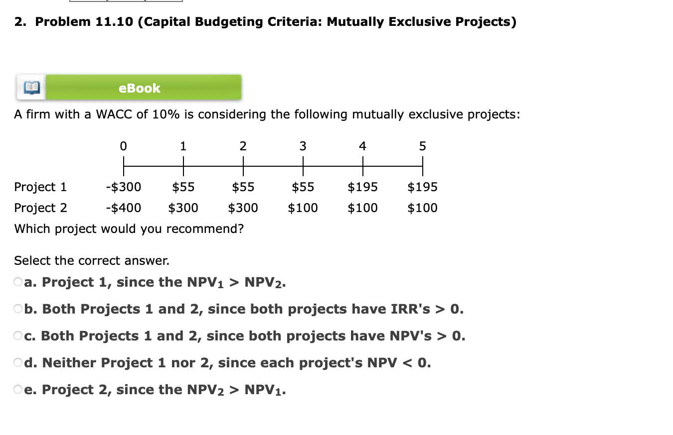 Solved 2. Problem 11.10 (Capital Budgeting Criteria