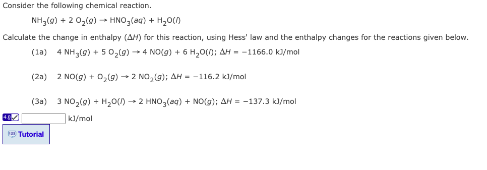 Consider the following chemical reaction.
NH3(g) + 2 O?(g) ? HNO3(aq) + H?O(1)
Calculate the change in enthalpy (AH) for this