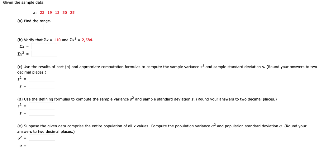 Solved Given the sample data. x: 23 19 13 30 25 (a) Find the | Chegg.com