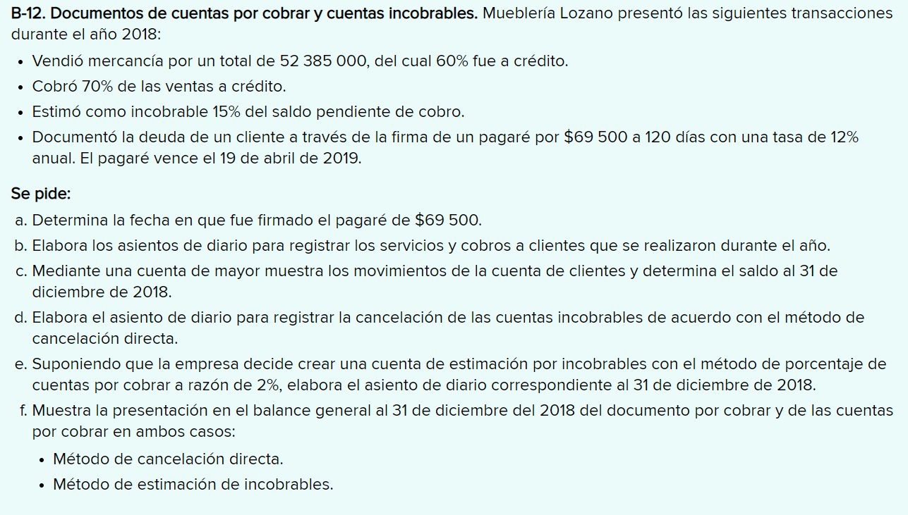 B-12. Documentos de cuentas por cobrar y cuentas incobrables. Mueblería Lozano presentó las siguientes transacciones durante