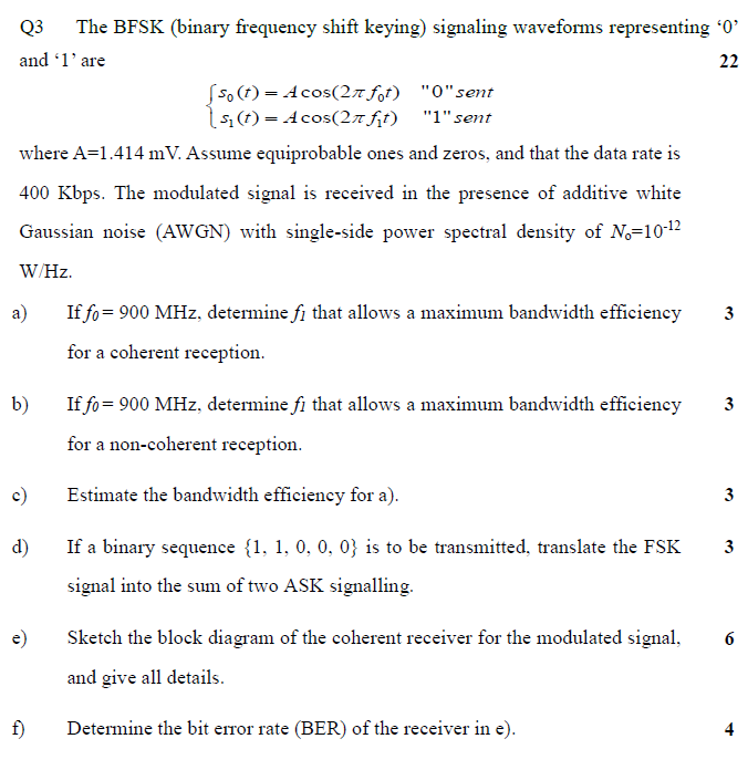 Solved Q3 The BFSK (binary Frequency Shift Keying) Signaling | Chegg.com