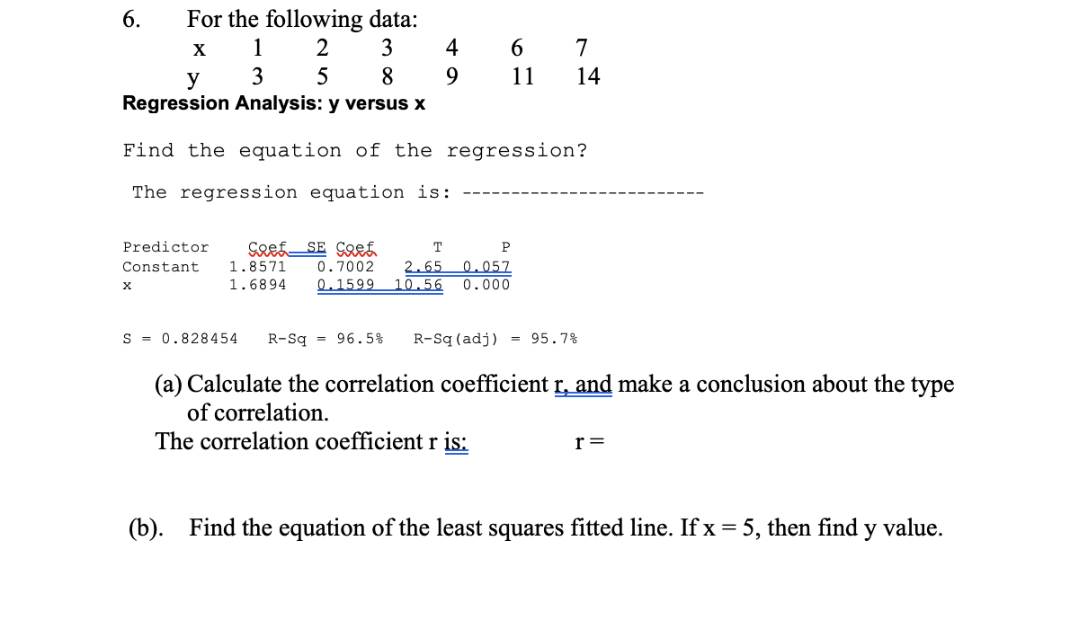 Solved X 6 For The Following Data 1 2 3 у 3 5 8 Regression 9130