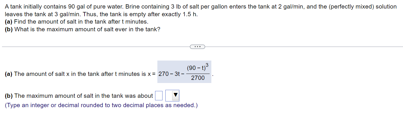 Solved A Tank Initially Contains 90gal Of Pure Water. Brine | Chegg.com