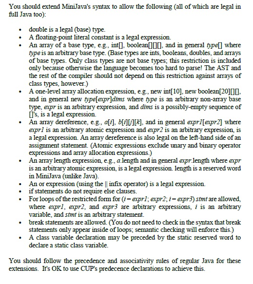 java () syntax & Images High Quality Grahic You should extend MiniJava's syntax to allow the | Chegg.com