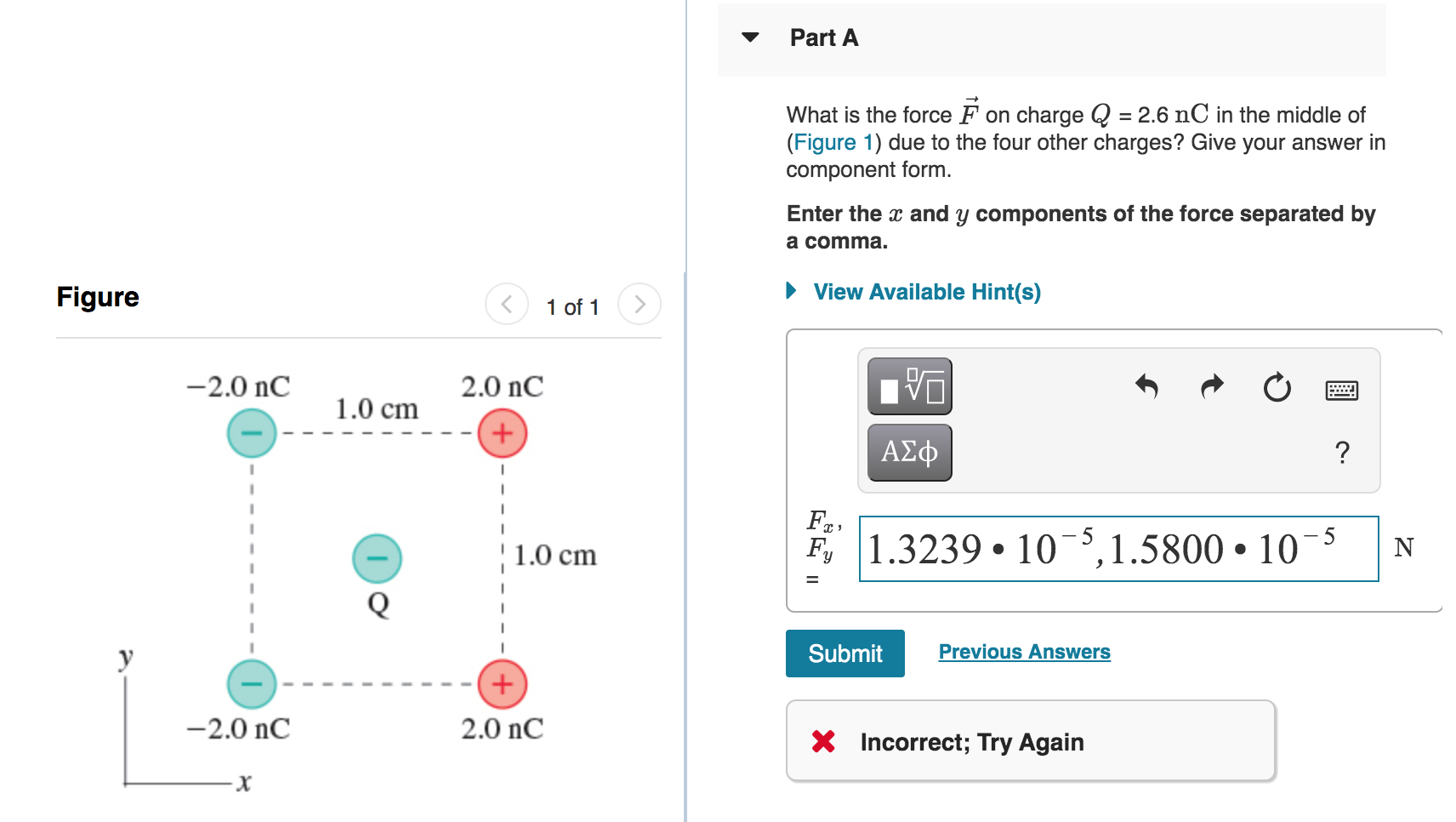 Solved Part A What is the force F on charge Q = 2.6 nC in | Chegg.com