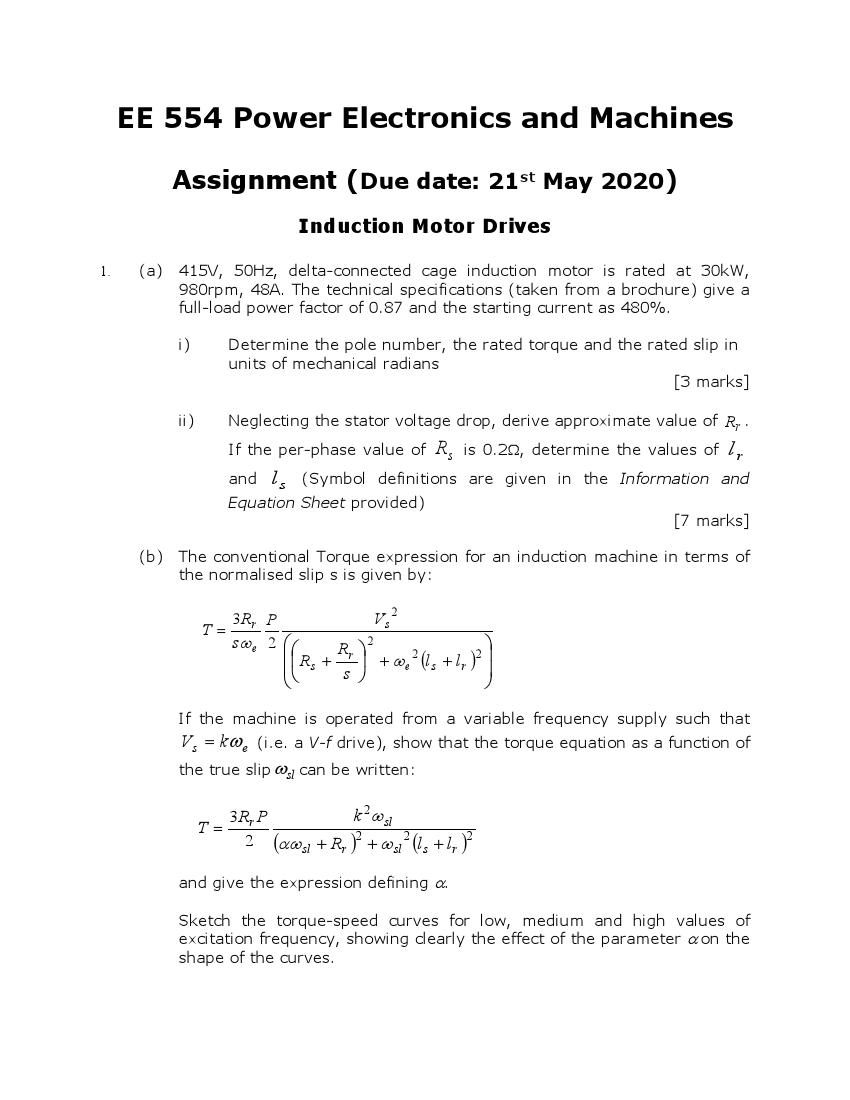 Ee 554 Power Electronics And Machines Assignment Chegg Com