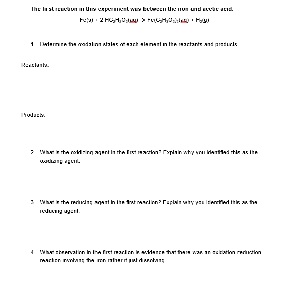 Solved The first reaction in this experiment was between the | Chegg.com