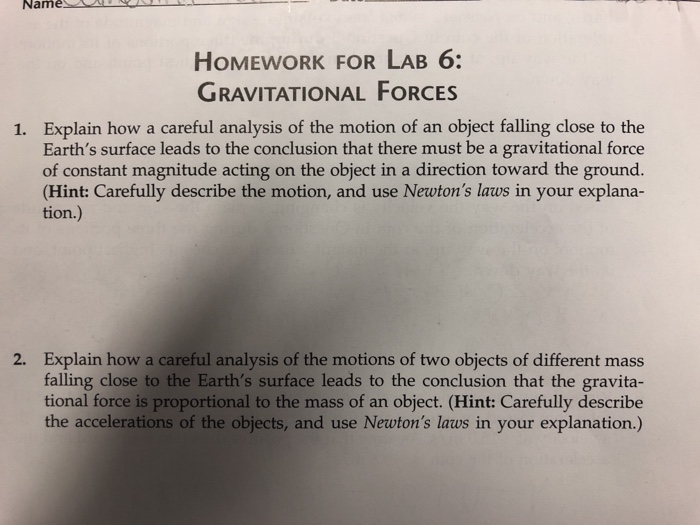 homework for lab 6 gravitational forces answers