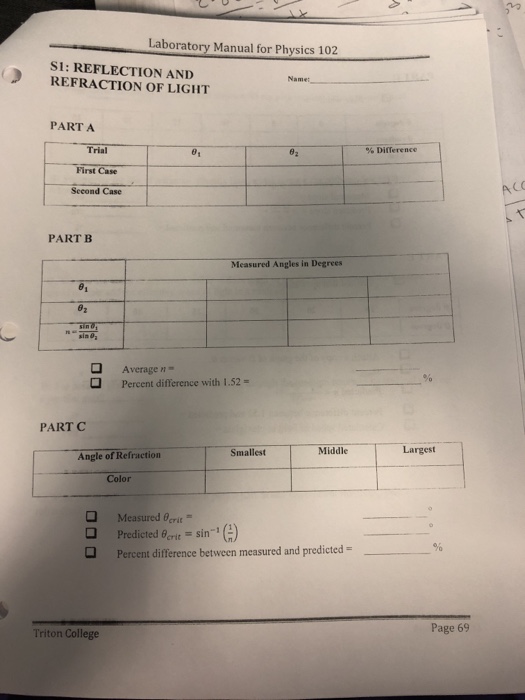Solved Laboratory Manual for Physics 102 Lab S1: Reflection | Chegg.com