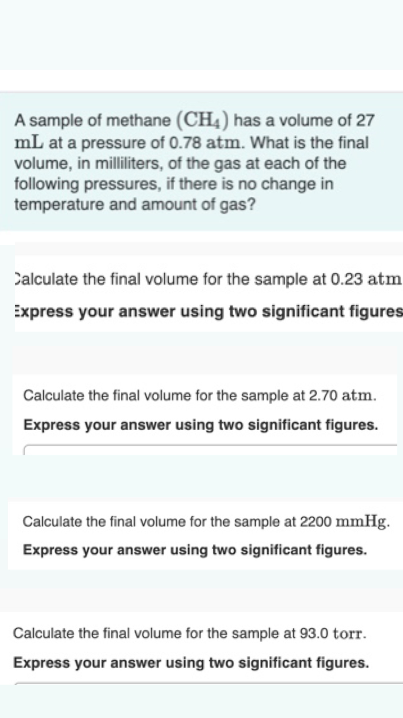 Solved A sample of methane (CH4) has a volume of 27 mL at a | Chegg.com
