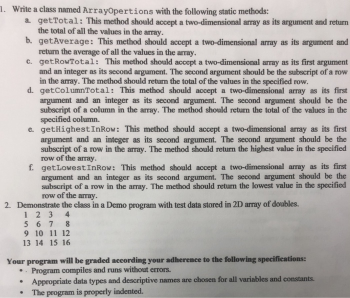 Solved . Write a class named ArrayOpertions with the | Chegg.com