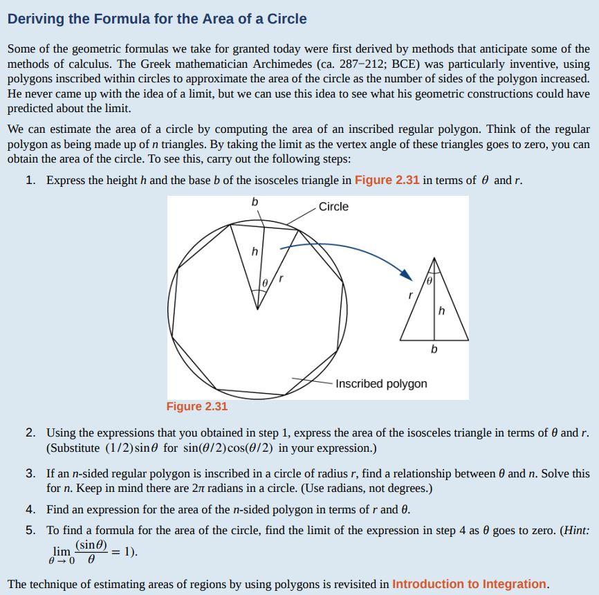 Solved Deriving the Formula for the Area of a Circle Some of