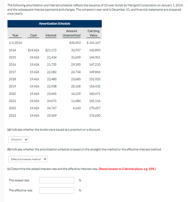 The following amortization and interest schedule reflects the issuance of 10-year bonds by Marigold Corporation on January 1,