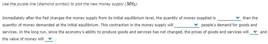 Use the purple line (diamond symbol) to plot the new money supply (MS?).
Immediately after the Fed changes the money supply f