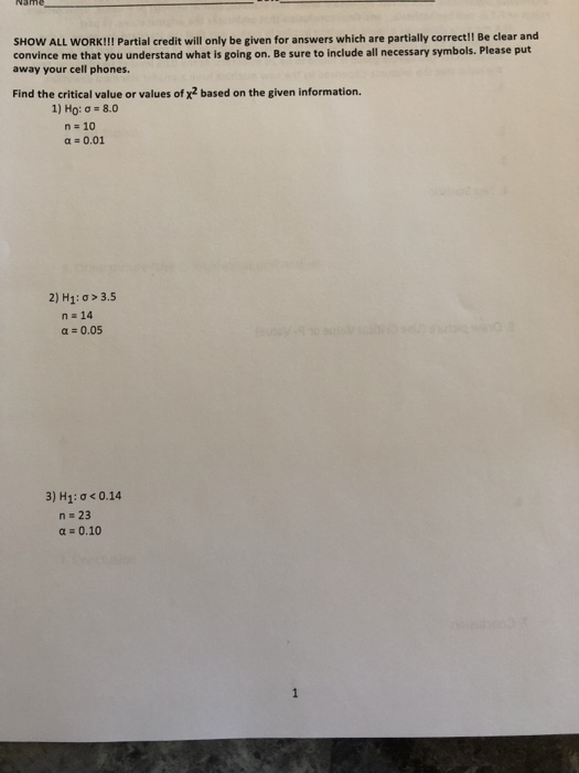 Solved SHOW ALL WORK!!! Partial credit will only be given | Chegg.com