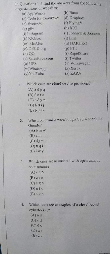 Solved In Questious 1 5 Find The Answers From The Followi Chegg Com