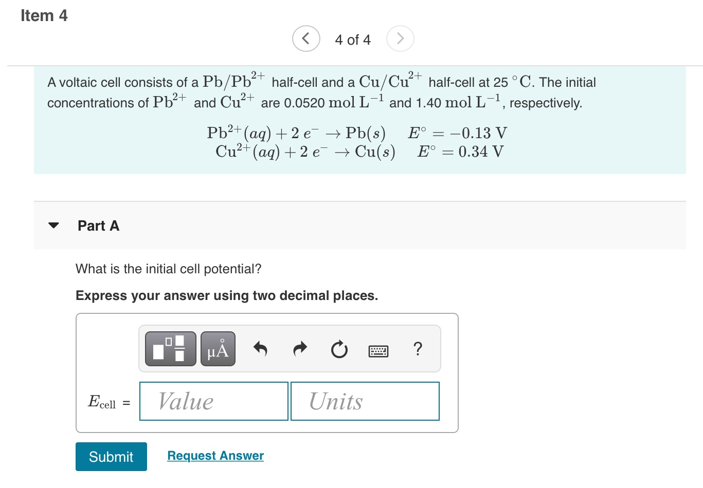 Solved Item 4 A voltaic cell consists of a | Chegg.com