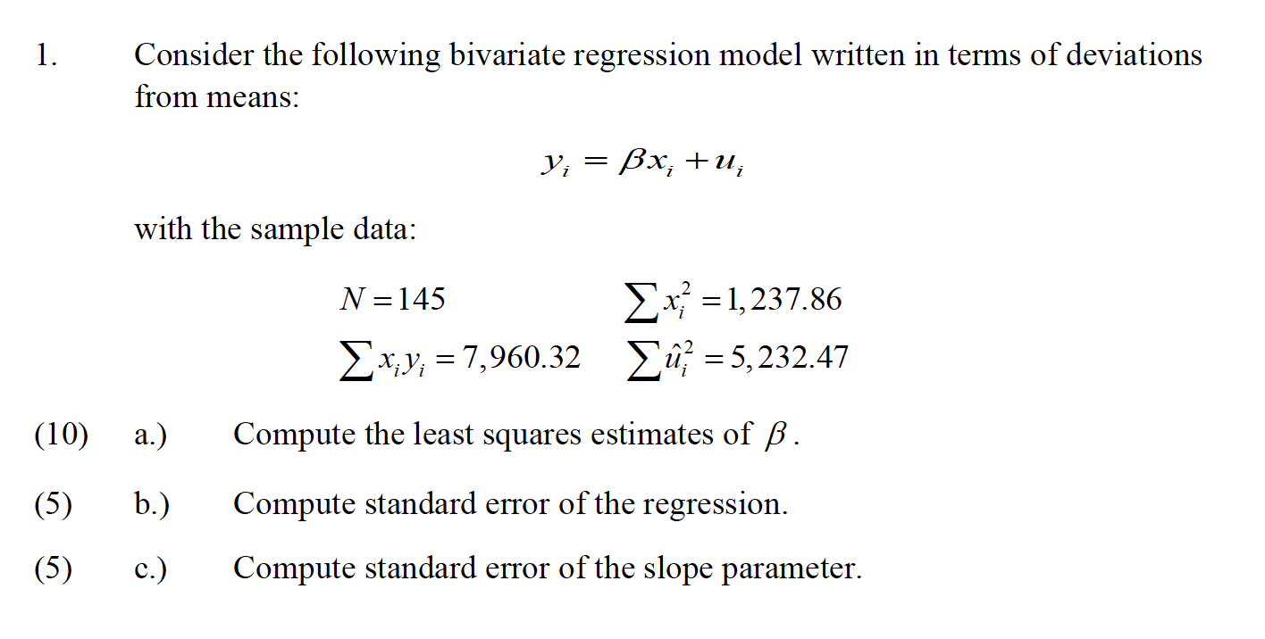Solved 1 Consider The Following Bivariate Regression Mod Chegg Com