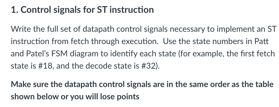 1. Control signals for ST instruction Write the full | Chegg.com