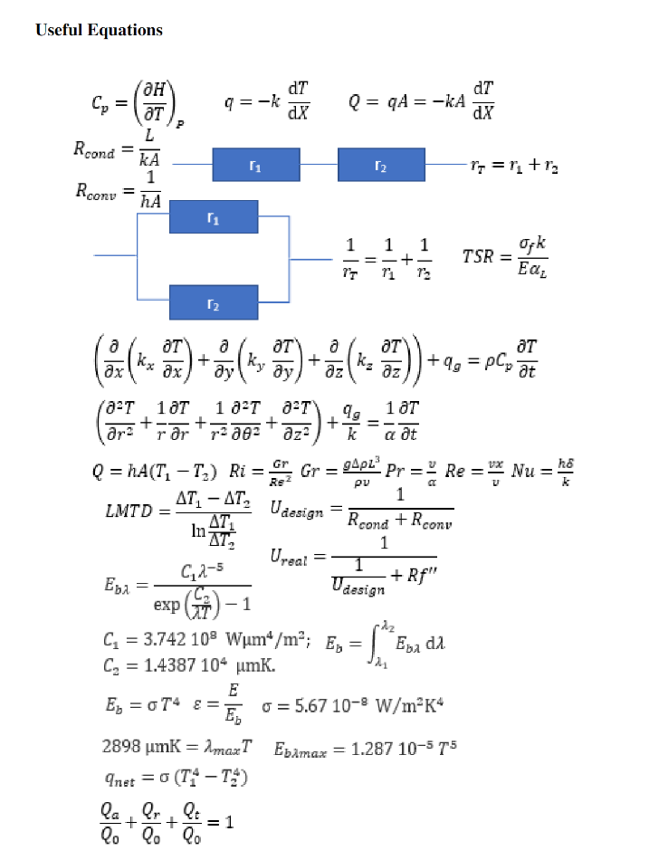 Useful Equations
\[
\begin{array}{l}
\mathcal{C}_{p}=\left(\frac{\partial H}{\partial T}\right)_{p} \quad q=-k \frac{\mathrm{