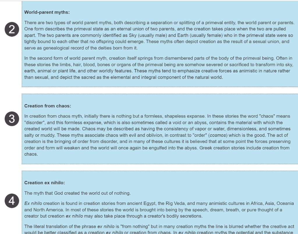 Each creation myth will get its own summary