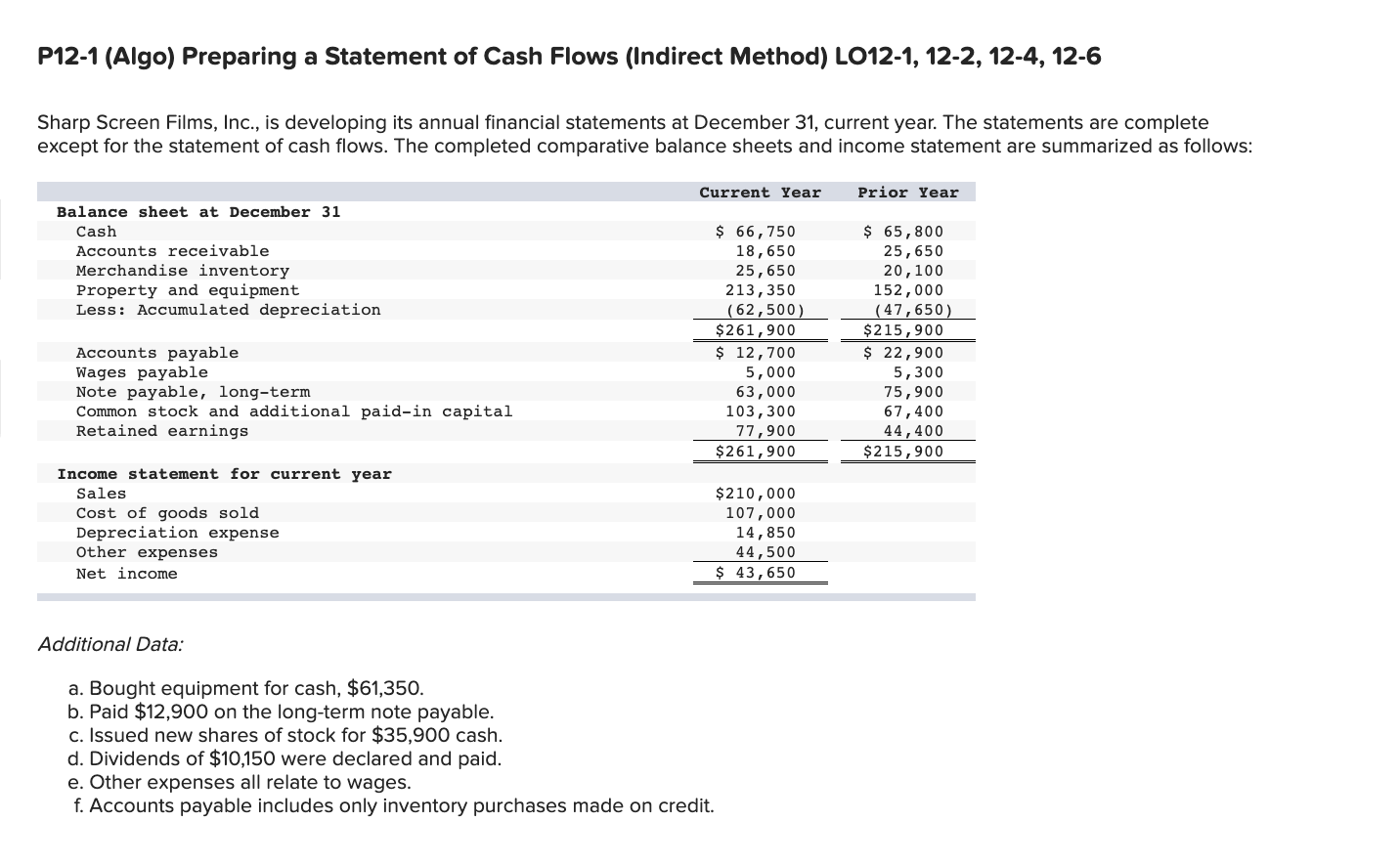 p12 1 preparing a statement of cash flows indirect method