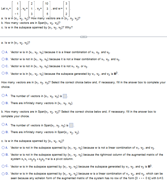 Solved Let v1=⎣⎡10−1⎦⎤,v2=⎣⎡213⎦⎤,v3=⎣⎡1035⎦⎤, and w=⎣⎡312⎦⎤ | Chegg.com