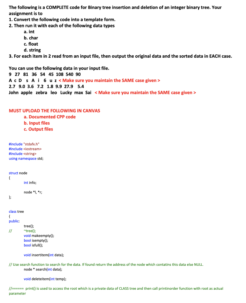 Solved The following is a COMPLETE code for Binary tree | Chegg.com
