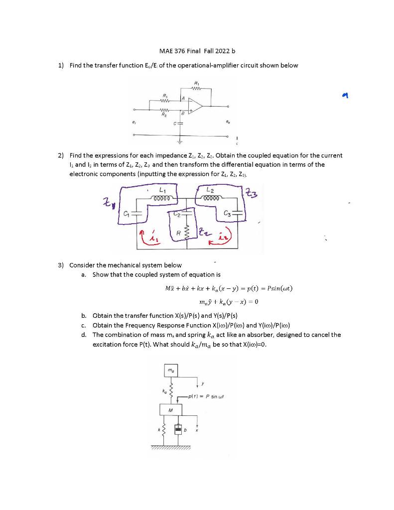 Solved Number 1 only) Find the transfer function Eo/Ei of | Chegg.com
