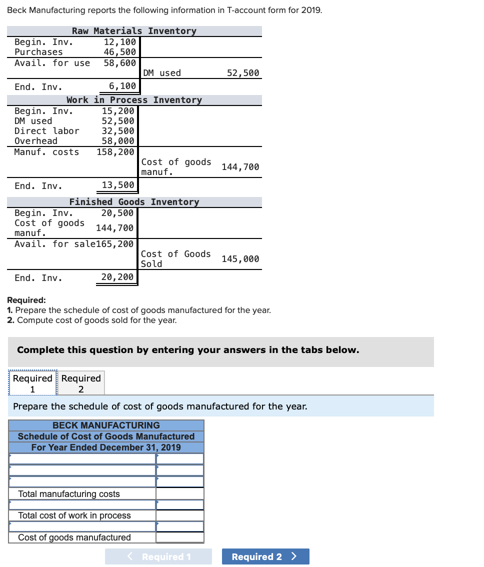 Solved Beck Manufacturing reports the following information