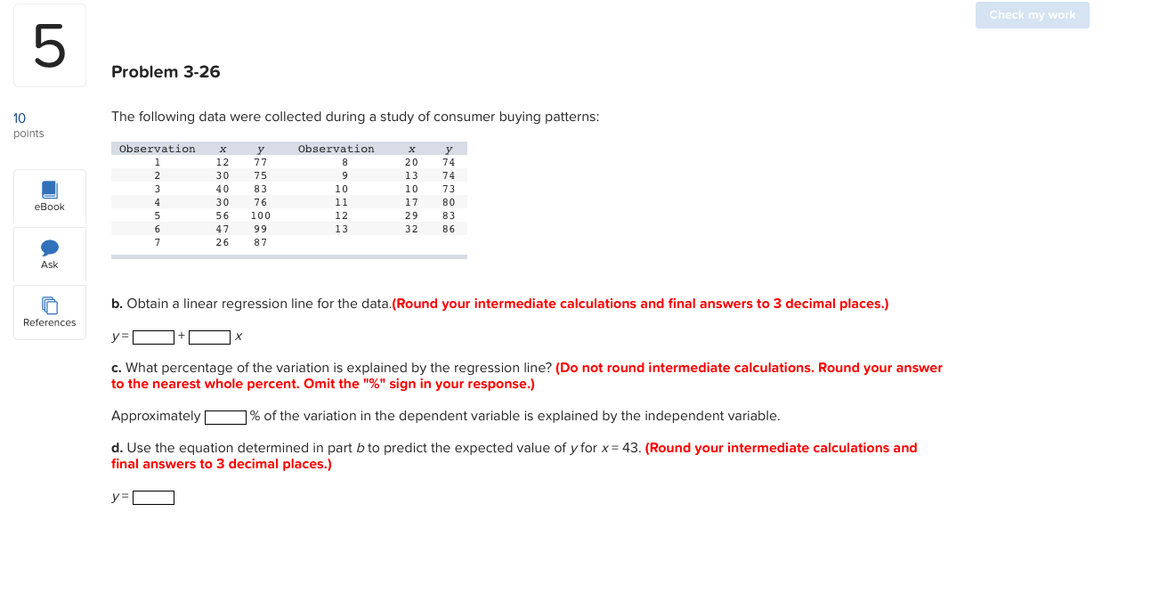 Solved Check my work Problem 3-26 10 The following data were | Chegg.com
